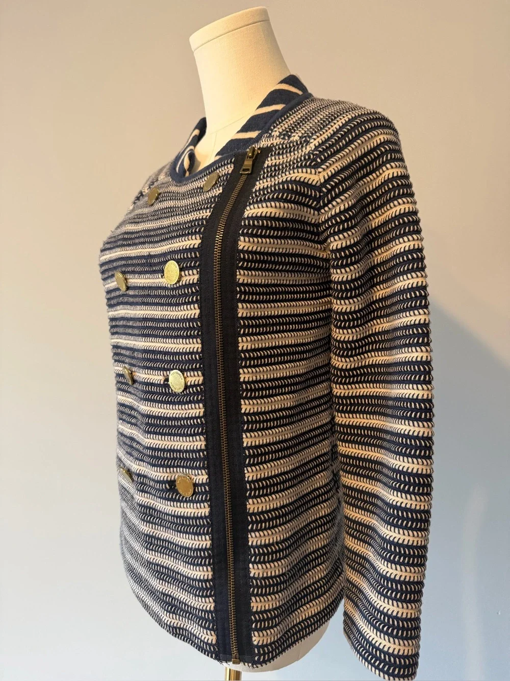 Tory Burch Navy and Cream Merino Wool Striped Knit Double-Breasted Jacket